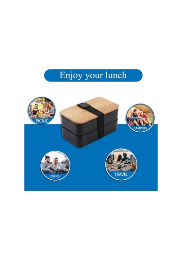 Dofolink Doğal Bambu Kapağı Çift Katlı Bento Kutusu, Mikrodalga Uyumlu, Yemekleri Ayırır, Isı Saklama Çantasıyla, Öğrencilere Ve Çalışanlara Uygun, Sağlıklı Pp Malzeme Siyah