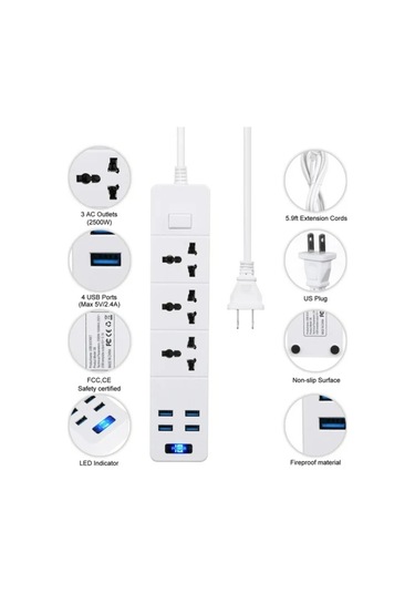Aubyhe 7'li Akıllı Güç Çizgisi: 3 Ac Prizi + 4 Usb Port 5v/3.1a , Aşırı Akım/kısa Devre Koruma, 1.8m Uzun Kablolu, Ev/ofis/seyahat İçin