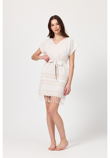Mulberry Katya Plaj Elbisesi Tunik Pareo %100 Pamuk Bej