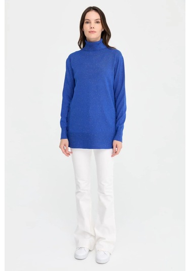 Desen Triko Kadın Tam Balıkçı Yaka Dikişsiz Kazak 23391 Saks Saks