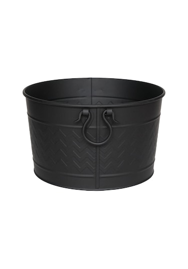 Metal Siyah Zigzag Desenli Yuvarlak Şömine - Soba Odun Depolama Saklama Kovasi