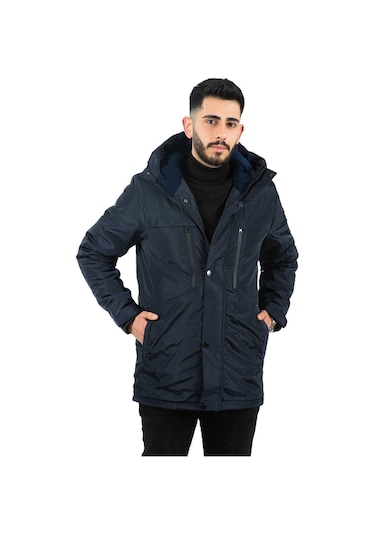 Erkek Polarlı Su Ve Rüzgar Geçirmez Kapüşonlu Kışlık Mont & Kaban & Parka Lacivert