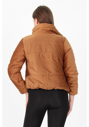 Kadın Yüksek Yaka Cepli Kışlık Kadife Mont Dpm7154 Taba