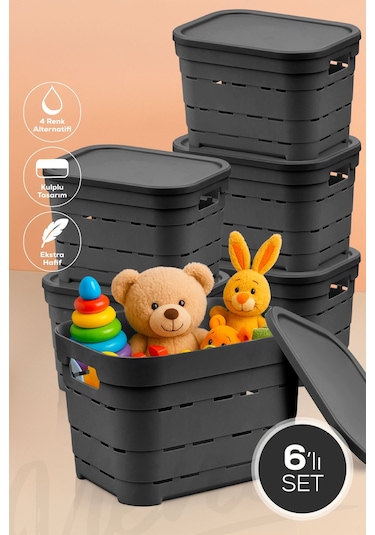6'lı Kapaklı 5 Litre Delikli Saklama Kutusu Antrasit Antrasit