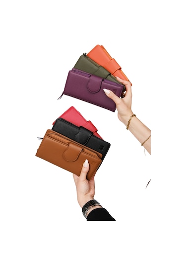 Mft Leather Hakiki Deri Kadın Cüzdan Mimosa 6073 Flother Mat Turuncu