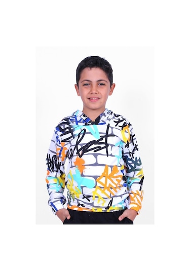 Beyaz Desenli Kapşonlu Unisex Sweatshirt Beyaz