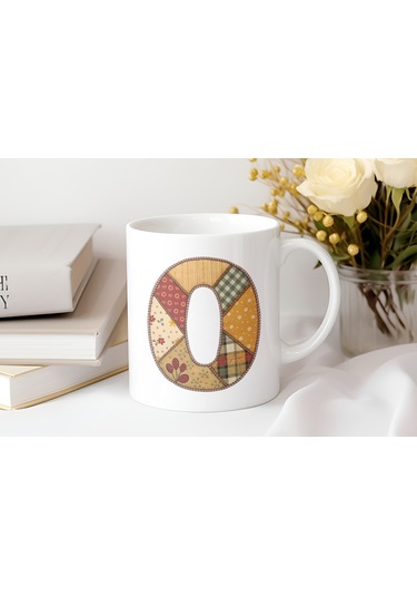O Harfi Sonbahar Kış Temalı Yamalı Tasarım Kupa Bardak - Etnik Ve Pathwork Severlere Özel Hediye Beyaz