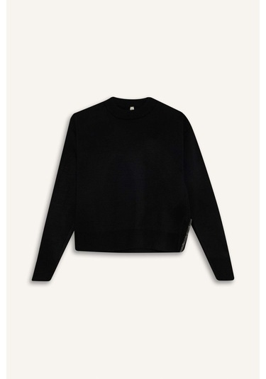 DeFacto Kız Çocuk Siyah Bisiklet Yaka Yırtmaçlı Triko Kazak D1394A824WNBK27 Siyah