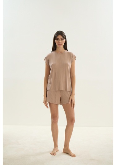 Kadın Kısa Kol Şortlu Bej Pijama Takım C9t6n0o61 001