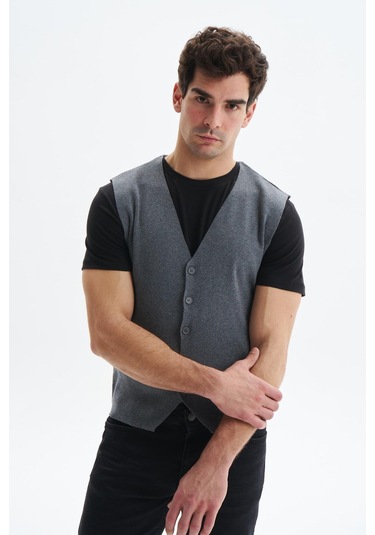 Arma Erkek Slim Fit Triko Yelek Pamuk Pima Cotton Düğmeli, V Yaka, Basic Stil K9kro0853 Gri