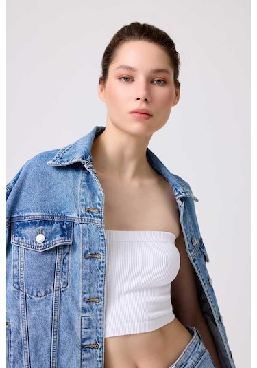 Cottonhill Premium - Kadın Beyaz Seamless Straplez Crop Top Büstiyer Beyaz