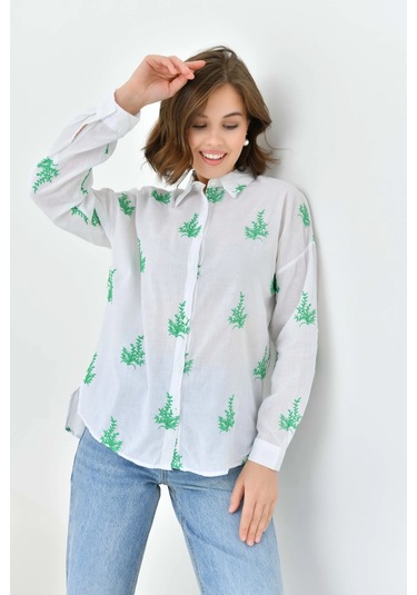 Kadın Yeşil Çiçek Nakış İşlemeli İnce Pamuk Gömlek Yeşil
