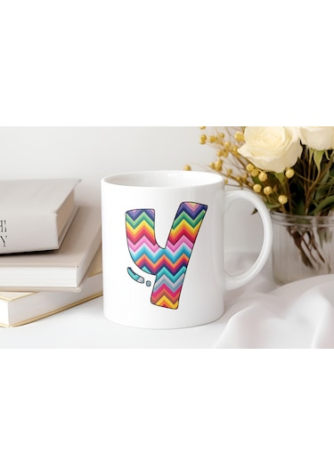 Y Harfi Renkli Zigzag Desenli Kupa Bardak - Afrika Tarz Etnik Tasarım Kupa - Kişiye Özel Beyaz