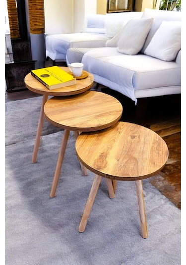 Zigon Sehpa Doğal Ahşap Ayaklı 3 Lü Set Yuvarlak Çam