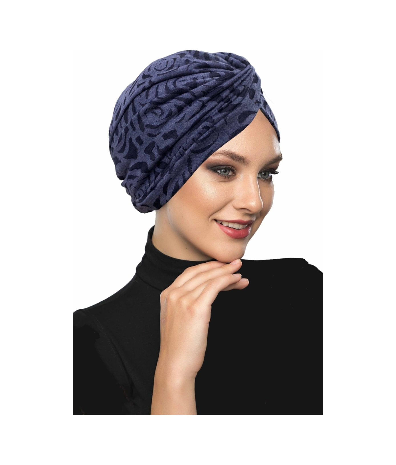 Desenli Çapraz Penye Lacivert Gül Desenli Hazır Türban Tesettür Havuz Bonesi Lacivert Gül