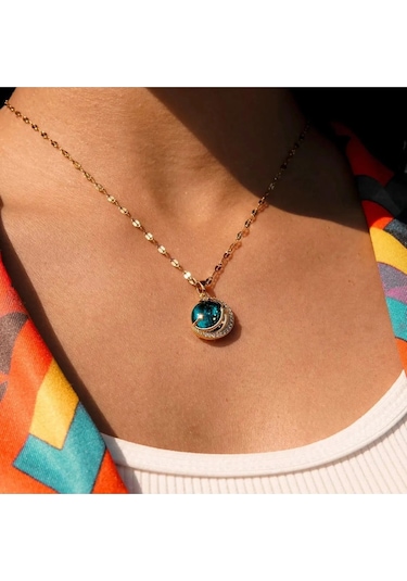 Kararmaz Gökyüzü Ay Model Gold Kadın Gezegen Çelik Kolye Çok Renkli