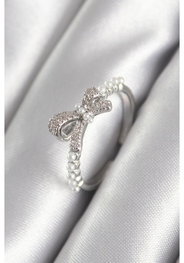 Pirinç Gümüş Renk Zirkon Taşlı İnci Detay Kadın Yüzük Gümüş