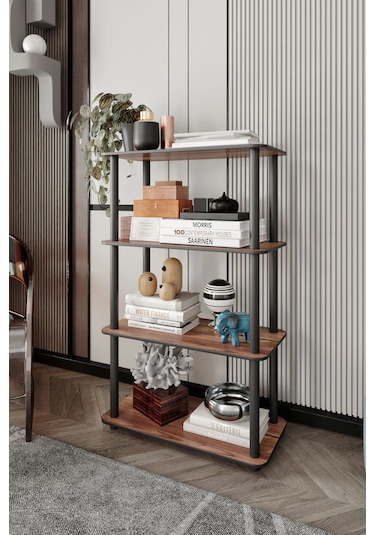 4 Katlı Dekoratif Diktörtgen Kitaplık Ceviz Ceviz