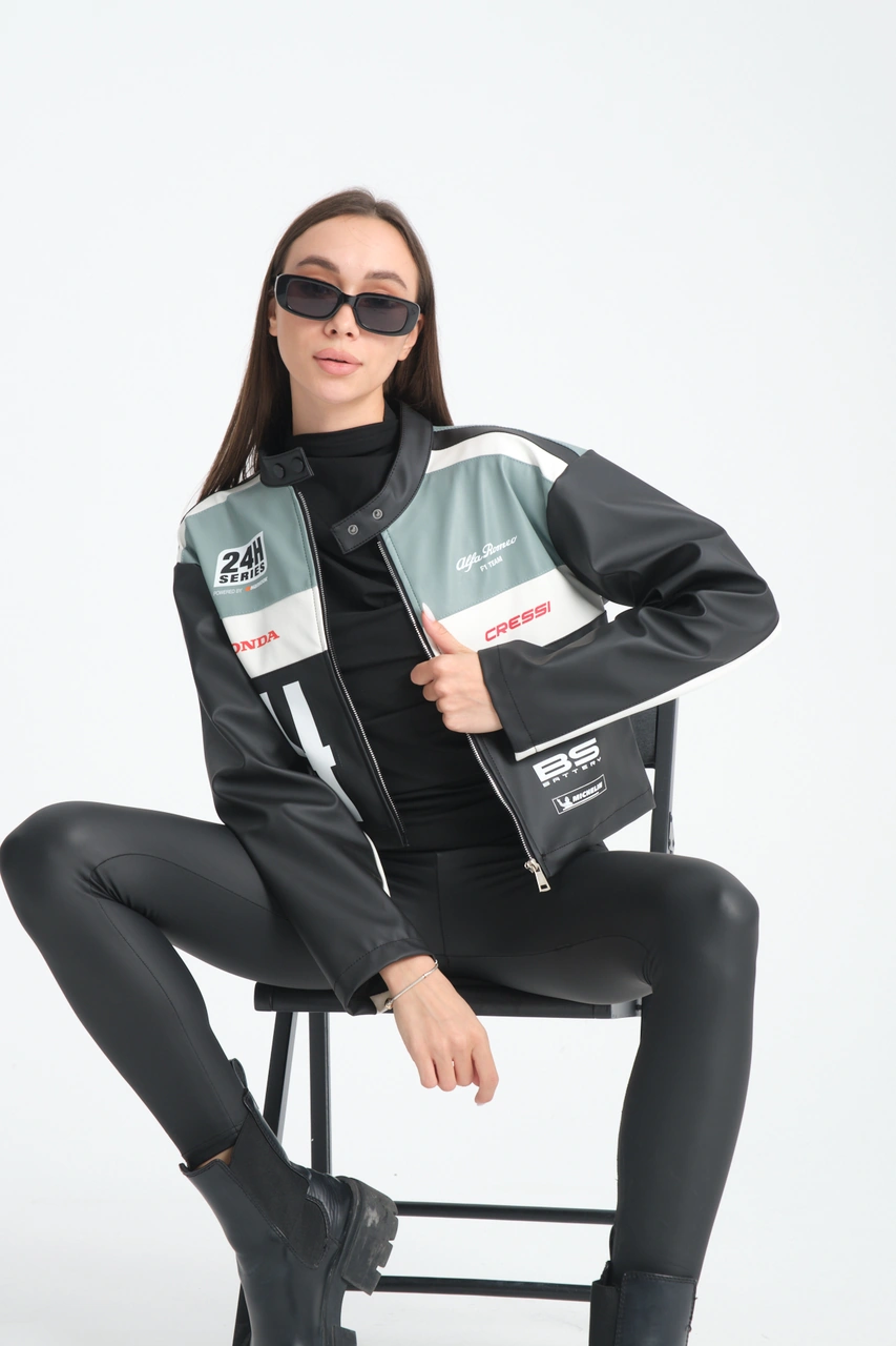 Kadın Oversize Baskılı Deri Şeritli Motorcu Montu Garnili Fermuarlı Yarışçı Ceketi Bomber Kolej Mont Mint Yeşili