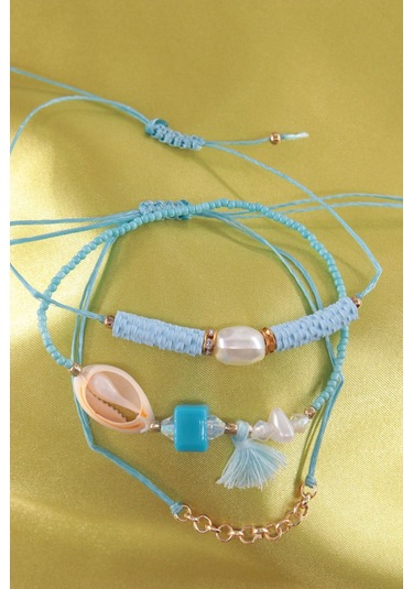 3lü Deniz Kabuğu İncili Boncuklu Püsküllü Asansörlü Lastikli İp Bileklik. Kadın İp Bileklik Halhal Çok Renkli