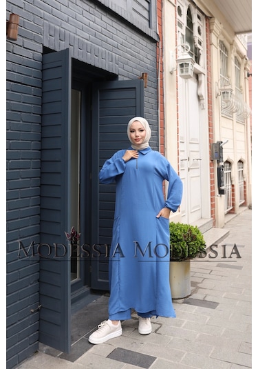 Kadın Mavi Aerobin Uzun Önü Yarım Fermuarlı İkili Takım T1217 Mavi