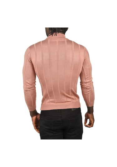 Deepsea Erkek Gülkurusu Slim Fit Likralı Tüylenme Yapmayan Yarım Balıkçı Çizgili Triko Yarım Boğazlı Kazak 2505503 Gülkurusu