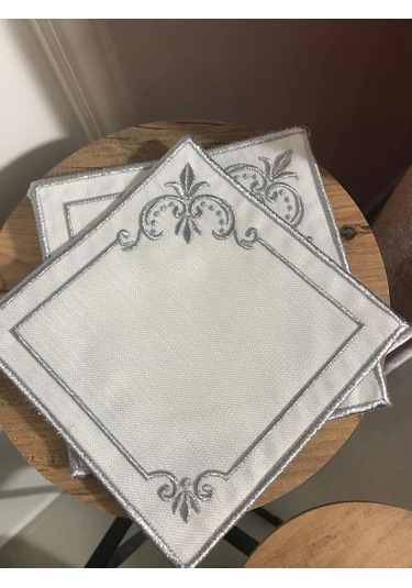 Nivemeshome Mihrimah Nakışlı Gümüş Kare 6 Adet Keten Kokteyl Peçetesi Kahve Yanı Sunumluk Gümüş
