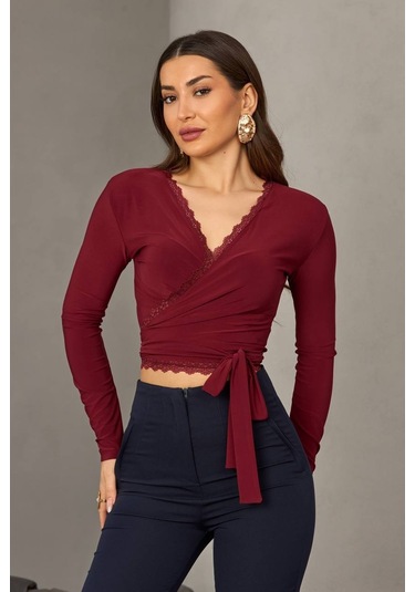 Kadın Dantel Detaylı Kruvaze Bağlamalı Crop Bluz Bordo