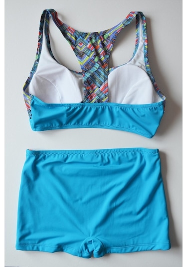 Beria Kadın Desenli Bralet Toparlayıcı Şortlu Açık Mavi Bikini Ta Açık Mavi