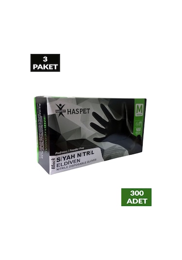 Siyah Nitril Pudrasız Eldiven M Beden Üçlü Paket 300 Adet