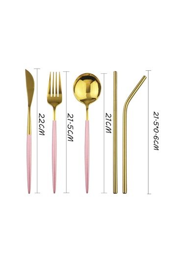Pembe Altın Seyahat Yemek Takımı Paslanmaz Çelik Taşınabilir Çatal Bıçak Kaşık Çatal Saman Kumaş Paketi Yemek Takımı Piknik Için Pembe & Gümüş
