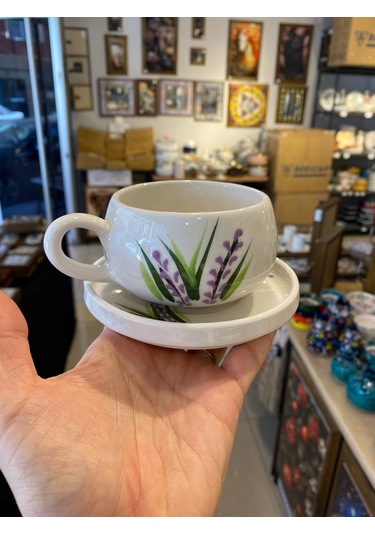 Seramik El Yapımı Fincan Takımı 2'li Set Lavanta Desenli Beyaz - Mor