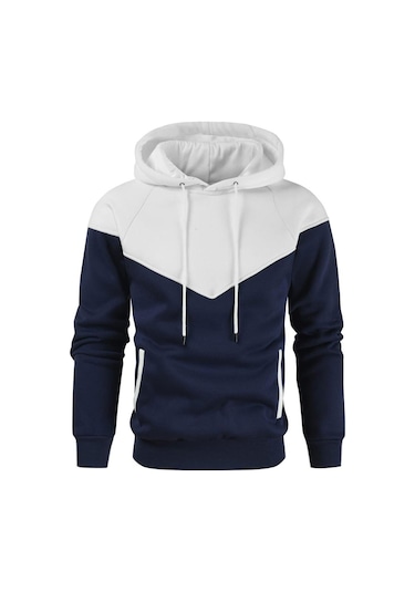 Erkek Patchwork Kapşonlu Kazak Hoodies Giyim Rahat Gevşek Polar Sıcak Sokak Giyimi Erkek Moda Sonbahar Kış Spor Dış Giyim Lacivert