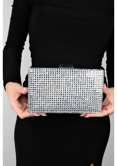 Luvishoes Gomeda Gümüş Kare Taşlı Kadın Abiye Çanta Gümüş