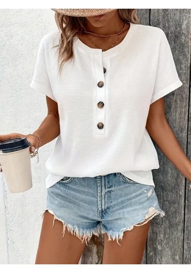 Kadın Kısa Kollu Yakası Açık Önden Düğmeli Waffle Bluz Beyaz