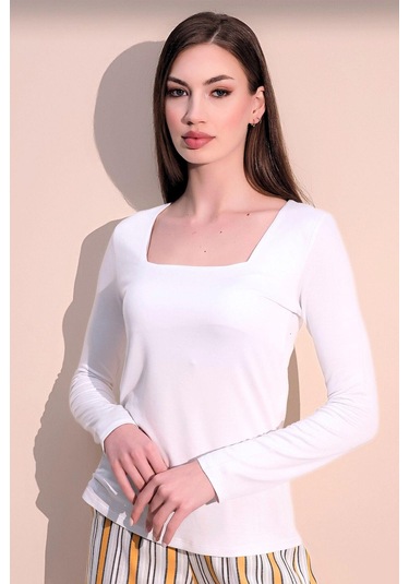 WeShaya Kadın Beyaz Günlük Stil Basic Kare Yaka Uzun Kol Bluz Beyaz