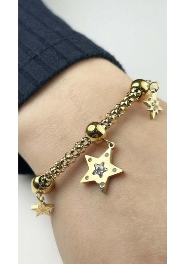 Yıldız Figürlü, Paslanmaz Çelik Zincir Bileklik 7, Altın Renk Altın