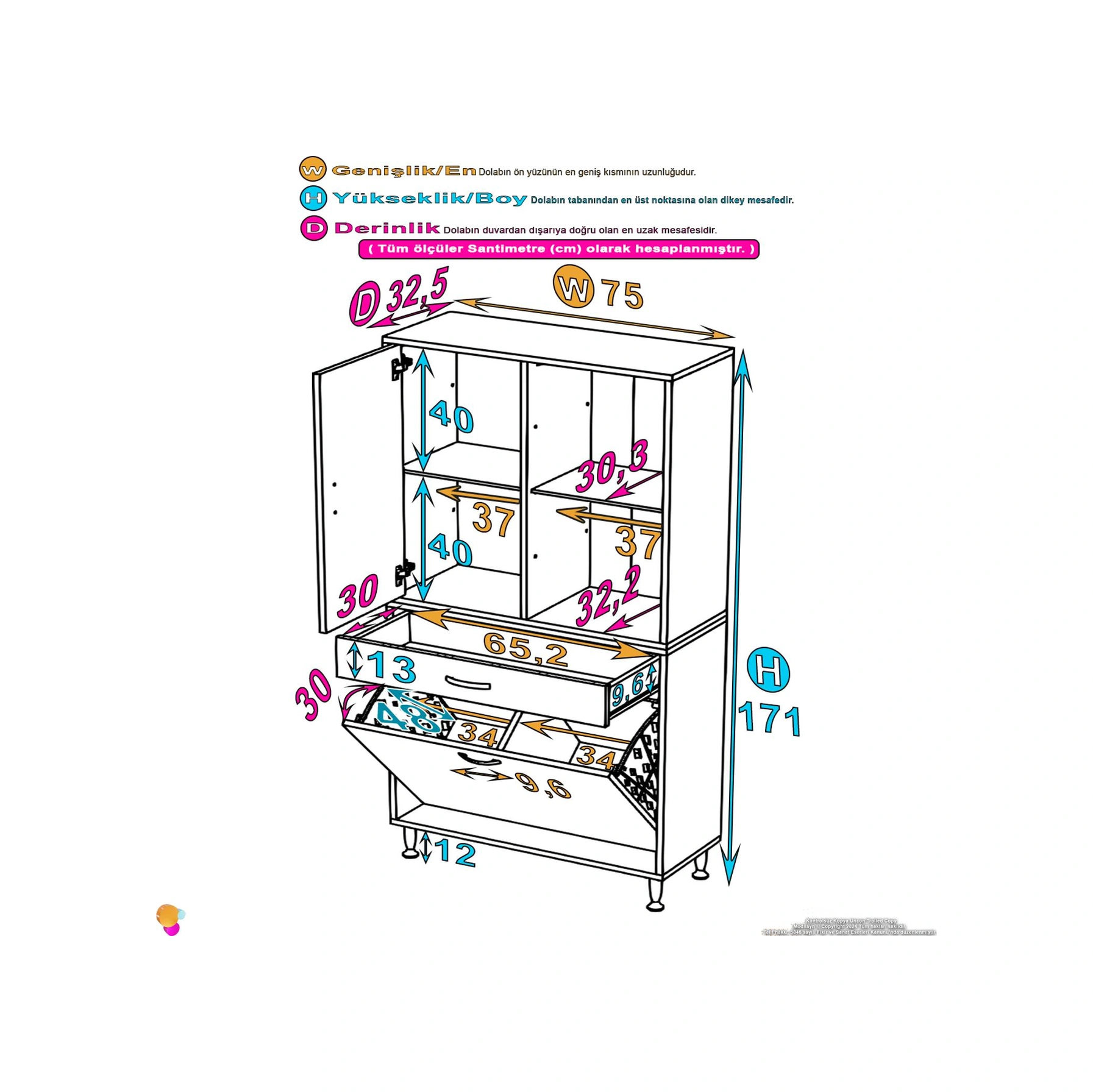 Kayra 1 Çekmece, 2 Göz Sepet, Tek Kapak, 4 Raf Dar Alan Banyo Dolabı 75x173x32,5 Cm Beyaz