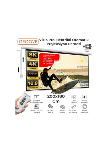 Groove Vizio Pro 200x180cm Blackout Işık Geçirmez Elektrikli Otomatik Kumandalı Projeksiyon Perdesi +motorlu+canlı Renkler+göz Koruması+leke Tutmaz Projector