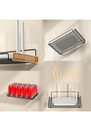 Sunshine011 Siyah Modern Duvar Tipi Router Rafı, Havalandırmalı Mesh Saklama Ünitesi Siyah