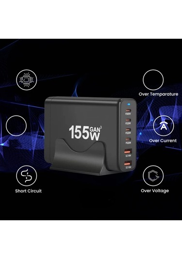 Motion003 155w 6 Portlu Masaüstü Şarj Cihazı Usb C 65w Ve Usb A 18w Hızlı Şarj Beyaz Avrupa Fişli Adaptör Dizüstü Bilgisayar İphone Uyumlu İçin