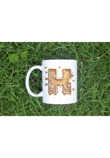 H Harfi Bal Arısı Tasarım Kupa Bardak - Bal Ve Petek Desenli Kişiye Özel Kahve Kupası - Hediyelik Beyaz