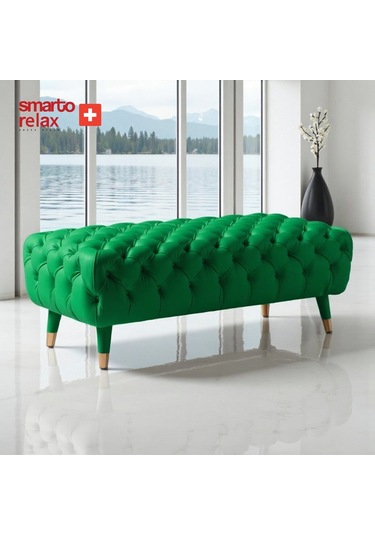 Smarto Relax Puf Adelboden Ahşap Ayaklı Kapitoneli 110x45x40 Cm Yeşil Yeşil