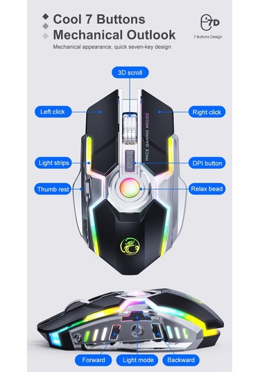 İmıce G7 Renkli Flama Işıkları Şarj Edilebilir Sessiz Kablosuz Fare Siyah Diğer