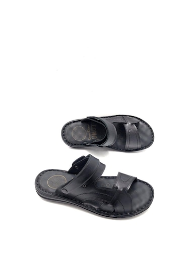 Deritarz Hakiki Deri Tam Ortopedik Masajlı Siyah Erkek Terlik Siyah