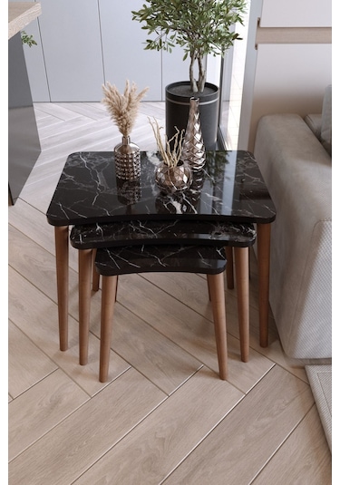Zuesse Dizayn Reyhan 3lü Zigon Sehpa & Yan Sehpa Ahşap Ayaklı Salon Seti Çay Sehpası - Siyah Mermer