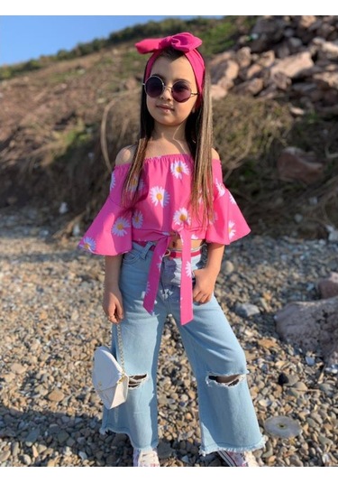 Modavals İspanyol Paça Yırtık Detaylı 4 Parça Kız Çocuk Kotlu Takım Çok Renkli