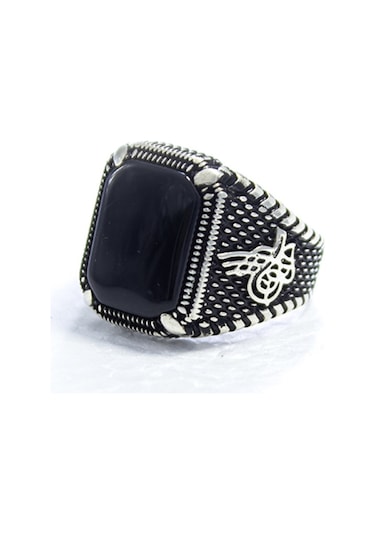 Gümüş Pençe Model Tuğra Desenli Kare Oniks Taşlı Erkek Yüzük