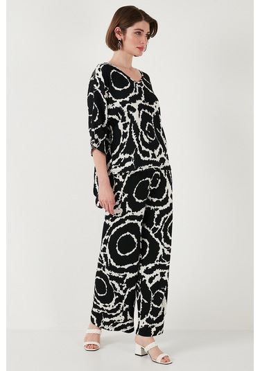 Lela Desenli Regular Fit Truvakar Kol V Yaka Alt-Üst Bayan Takım 5865357 Siyah