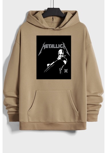 Unisex Metalica Baskılı Oversize Sweatshirt Bej
